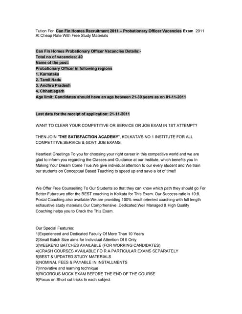 Tution for  can fin homes recruitme...