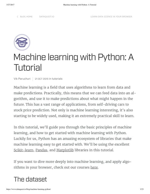 Tutorial machine learning with python - a tutorial | PDF