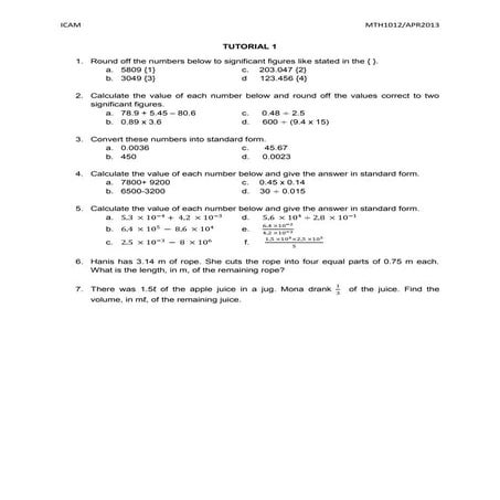 Tutorial 1 : SIGNIFICANT FIGURES AND STANDARD FORM