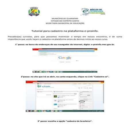 Tutorial cadastro e-proinfo | PDF