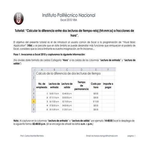 Tutorial Excel 2010 VBA macro diferencias de horas prof. carlos montiel renteria