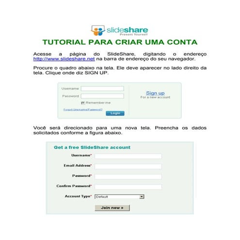 Tutorial para criar conta no Slideshare
