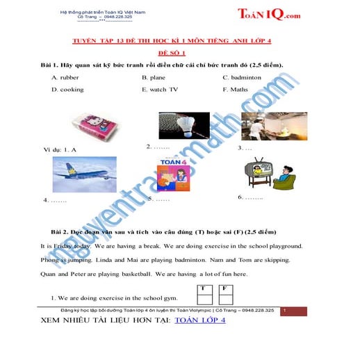 TUYỂN TẬP 13 ĐỀ THI HỌC KÌ 1 MÔN TIẾNG ANH LỚP 4