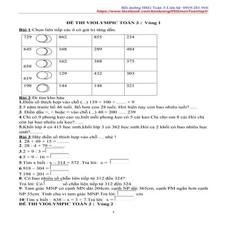 Tuyển tập đề thi Violympic Toán lớp 3: Vòng 1 - Vòng 19