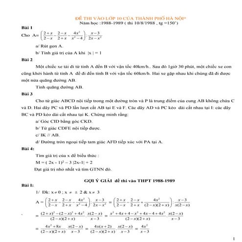Tuyển tập đề thi vào lớp 10 môn toán tại Hà Nội từ năm 1988 - 2013 có đáp án