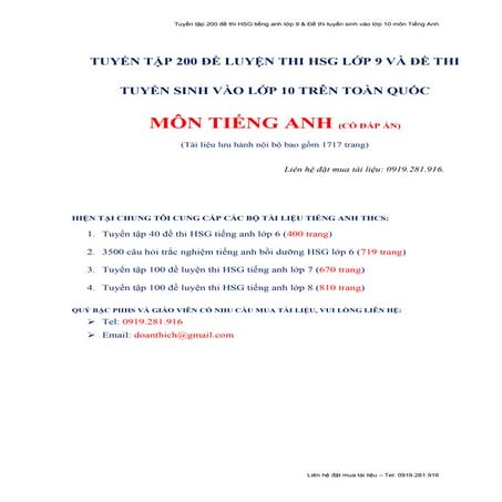 Tuyển tập 200 đề thi HSG môn Tiếng Anh lớp 9 và Đề thi tuyển sinh vào lớp 10 ...