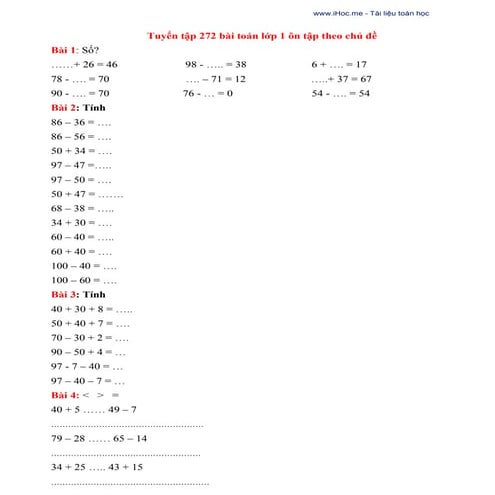 Tuyển tập 272 bài toán lớp 1 ôn tập theo chủ đề - iHoc.me | Tải miễn phí