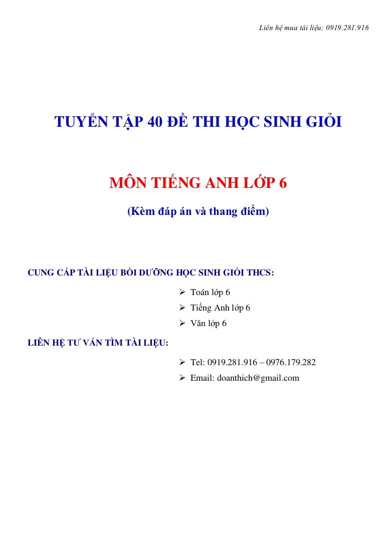 Tuyển tập 40 để thi HSG môn Tiếng Anh lớp 6 có đáp án