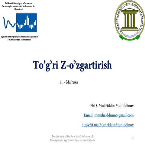 Tizimlar va signallarni qayta ishlash_11-ma'ruza (Systems and Digital Signal ...