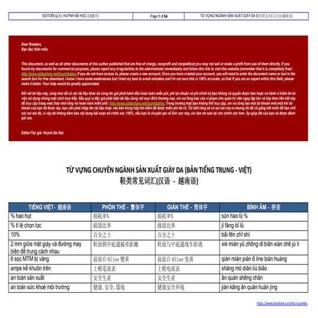 Từ vựng chuyên ngành sản xuất giày da (tiếng trung   việt) 鞋类常见词汇(汉语 - 越南语)