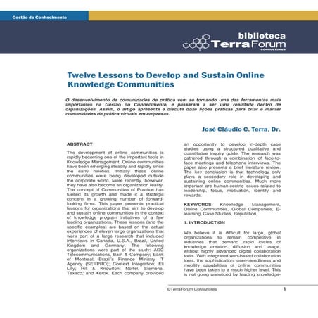 Twelve lessons to Develop and Sustain Online Knowledge Communities