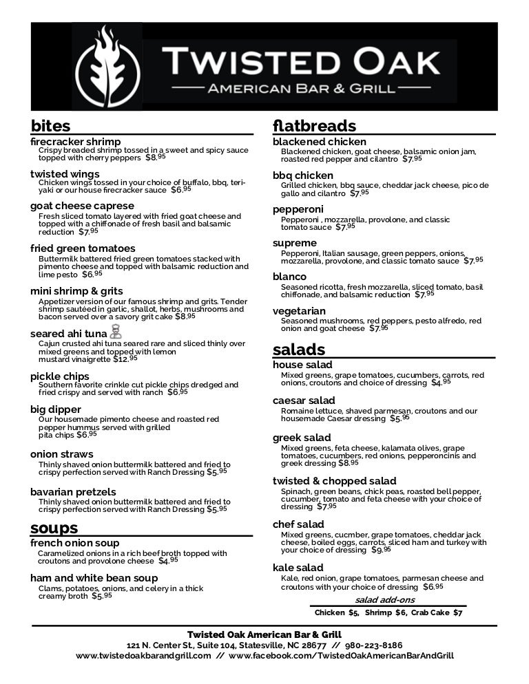 Twisted Oak American Bar & Grill Menu