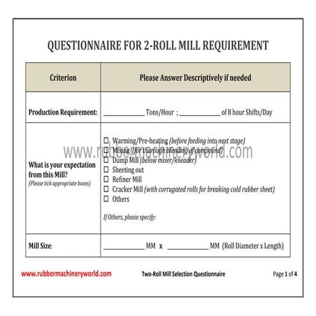 Two-Roll Rubber Mixing Mill Selection Questionnaire