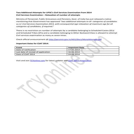 Two Additional Attempts for UPSC’s Civil Services Examination from 2014