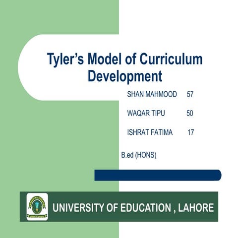 Tyler's model of curriculum development by SHAN MAHMOOD, WAQAR TIPU & ISHRAT FATIMA 