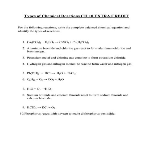 Types of chemical reactions ch 10 extra credit