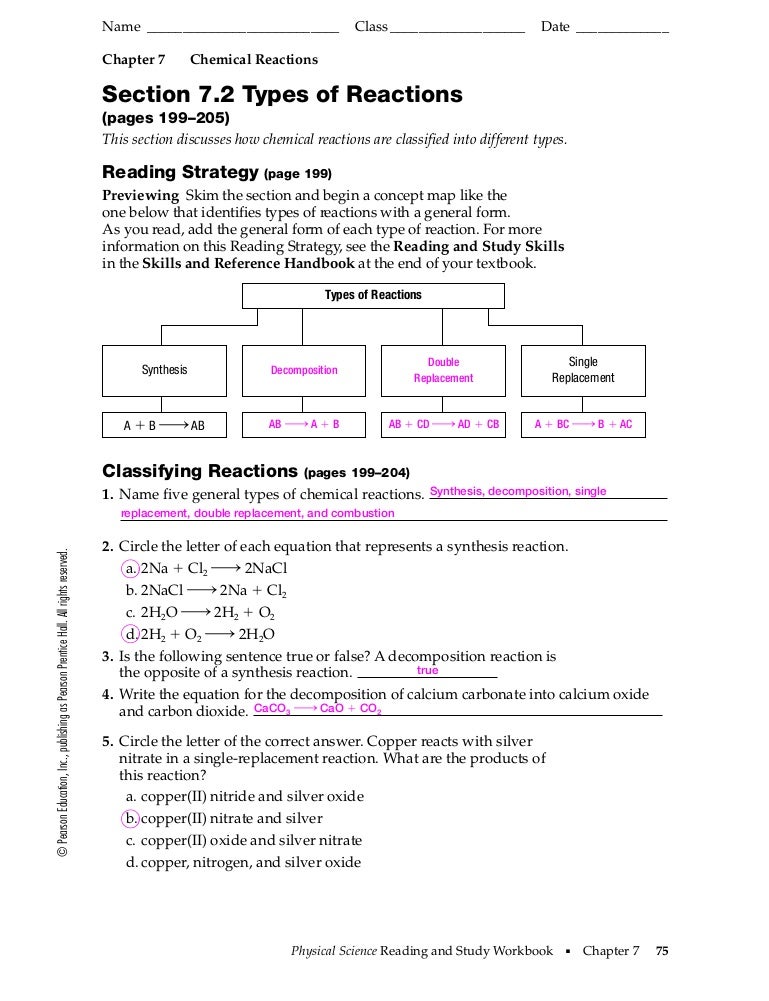 Worksheets 11 Chemical Reactions Answer Key types of chemical reactions document