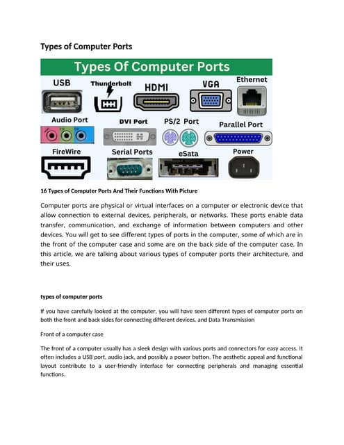 Types of Computer PortsAnd Their Functions With Picture