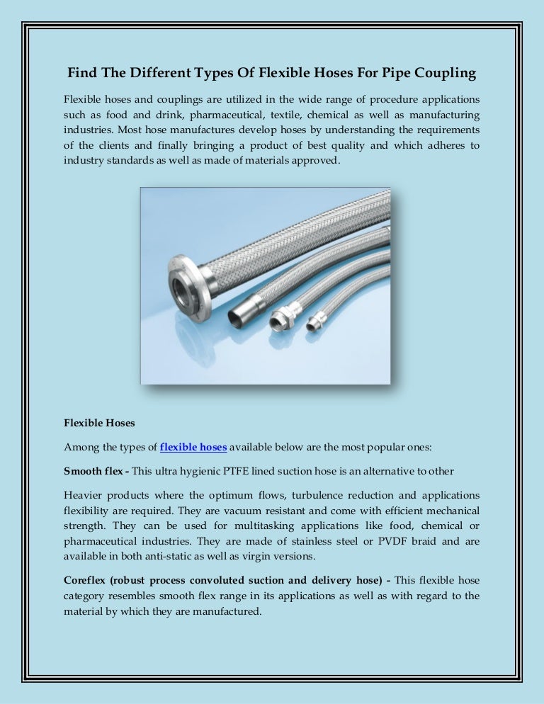 Types of flexible hoses for pipe coupling
