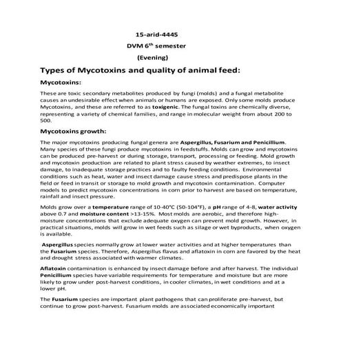 Types of mycotoxins and quality of animal feed