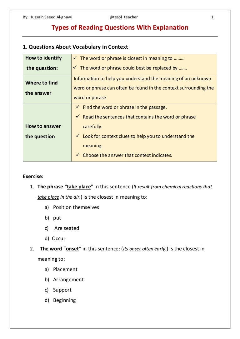 Types of reading questions