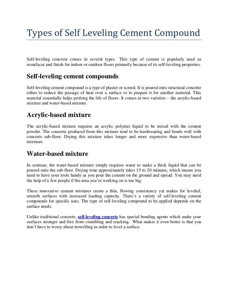 Types of Self Leveling Cement Compound