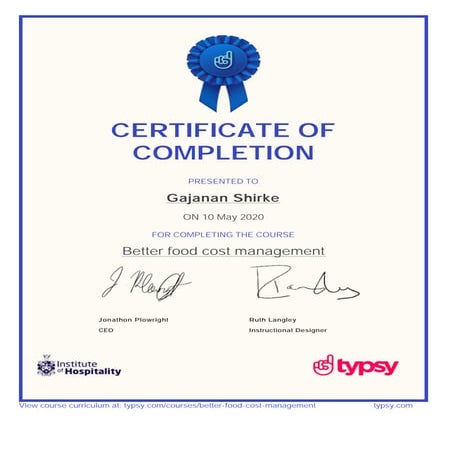 Typsy Certificate - Gajanan Shirke - Better food cost management.pdf