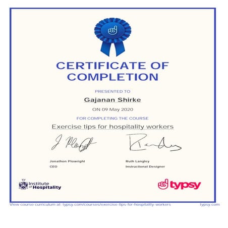 Typsy Certificate - Gajanan Shirke - Exercise tips for hospitality workers.pdf