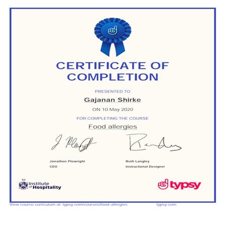 Typsy Certificate - Gajanan Shirke - Food allergies.pdf