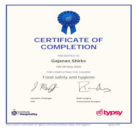 Typsy Certificate - Gajanan Shirke - Food safety and hygiene.pdf