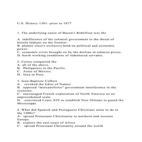 U.S. History 1301- prior to 18771. The underlying cause of.docx