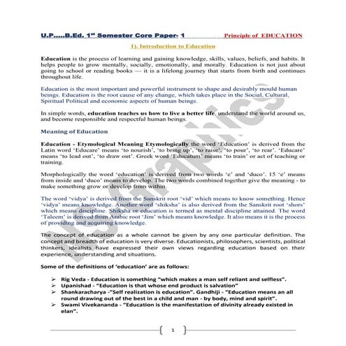 U.P B.Ed. First Semester Principle of Education Notes