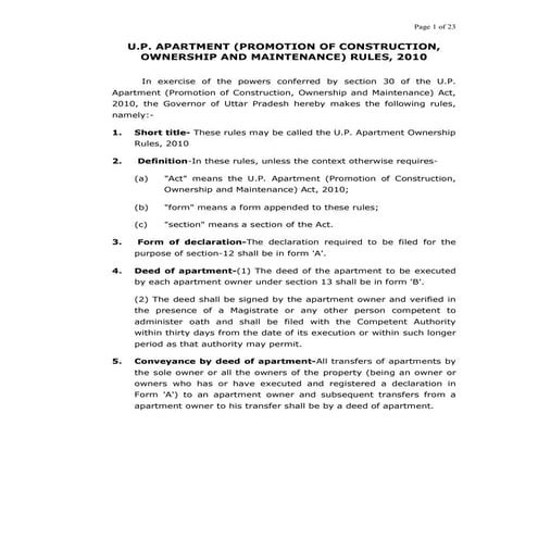 U.P. APARTMENT RULES 2010