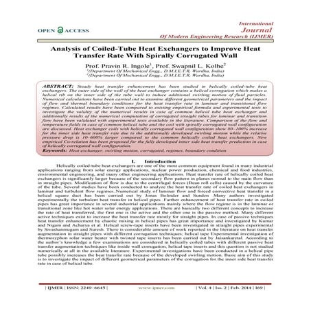 Analysis of Coiled-Tube Heat Exchangers to Improve Heat Transfer Rate With Sp...