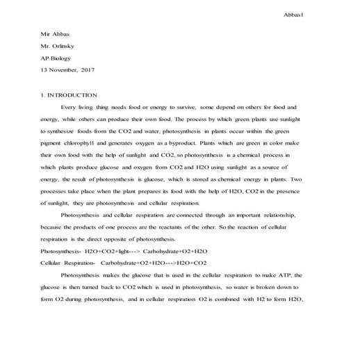 Photosynthesis and cellular respiration Lab