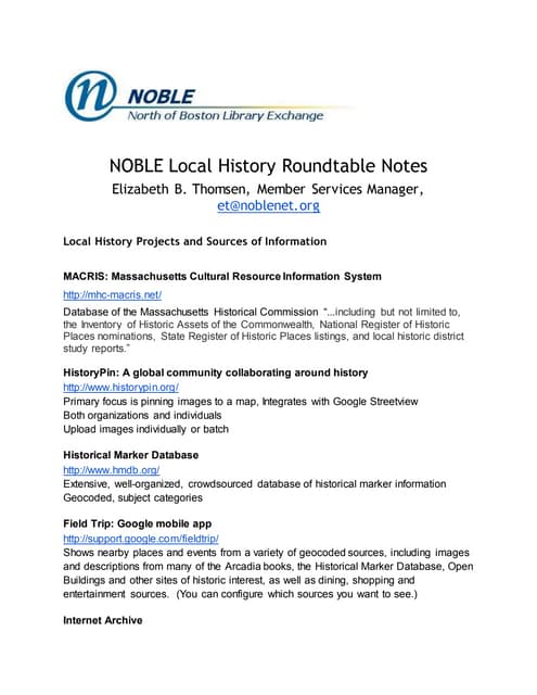 NOBLE Local History Roundtable Notes