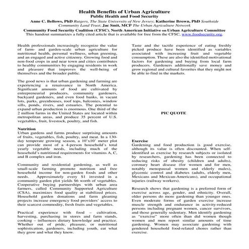 Health Benefits of Urban Agriculture Factsheet - Food Security