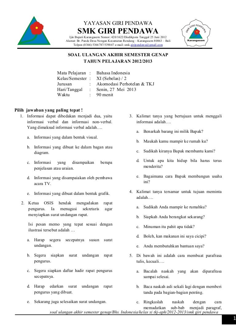 SOAL Uas bahasa indonesia smk kelas xi smt ii SOAL Uas bahasa indonesia smk kelas xi smt ii