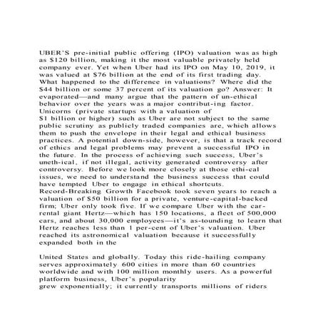 Uber’s pre initial public offering (ipo) valuation was as high a