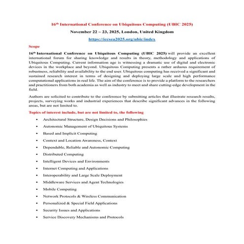 CALL FOR PAPERS-16th International Conference on Ubiquitous Computing (UBIC 2025)