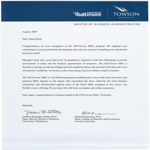 Ub Towson Mba Acceptance Letter