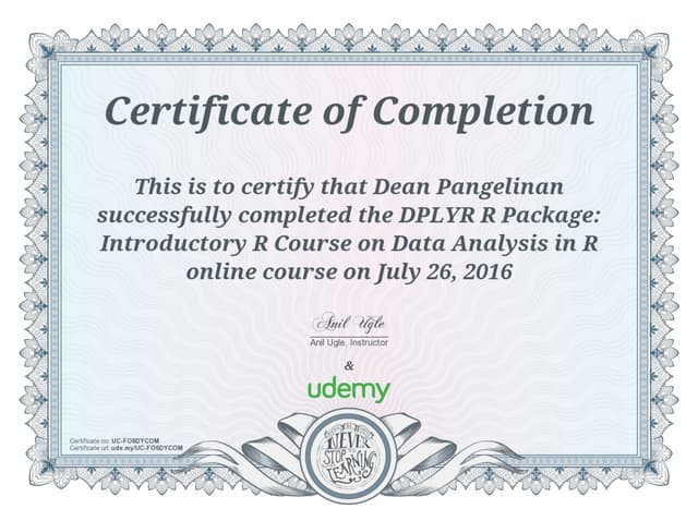 Udemy Certificate - DPLYR R Package - Introductory R Course on Data ...