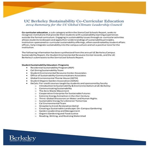 UC Berkeley Sustainability Co-Curricular Education Summary