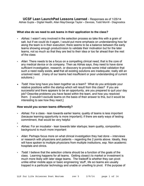 UCSF: Lean LaunchPad instructors lessons learned