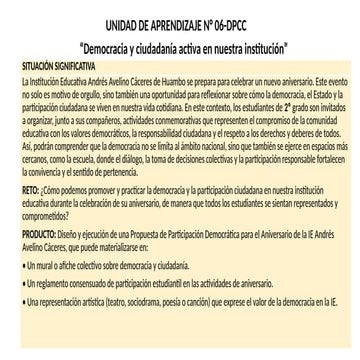 Unidad de aprendizaje para 2 grado DPCC sobre Democracia y ciudadanía ...