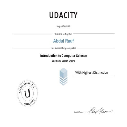 Udacity CS101 certificate | Abdul Rauf