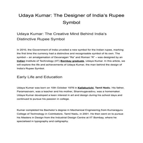 Udaya Kumar: The Creative Mind Behind India’s Distinctive Rupee Symbol