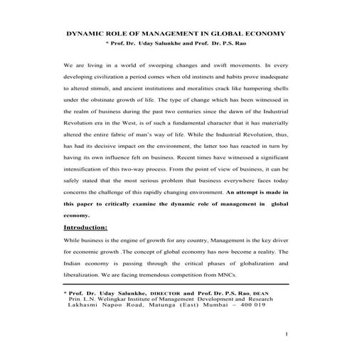 Uday salunkhe   dynamic role of management in global economy
