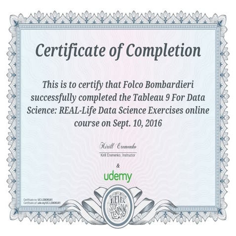 Certificate of Completion: Tableau 9 for Data Science | PDF