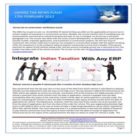 Udyog Tax News Flash  17th Feb12